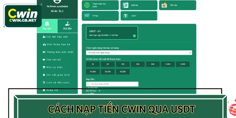 Nạp tiền CWIN qua USDT dành cho người yêu thích tiền điện tử